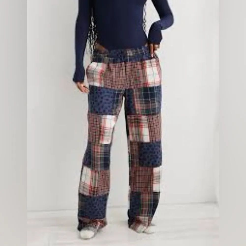 aerie Patchwork Plaid Wide-Leg Pants - Navy, Red, White
